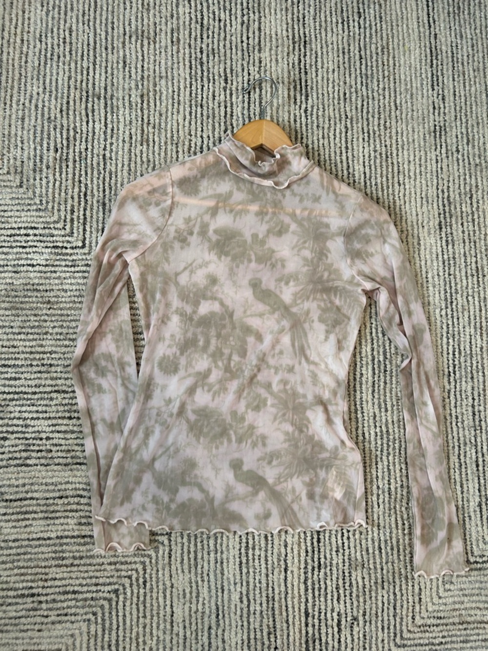 Pilcro Sheer Ruffle Mock Neck Top in Blush and Taupe Bird Print XS